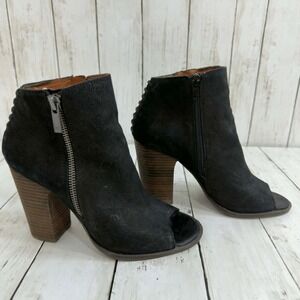 Lucky Brand Women's Black Leather Peep Toe Ankle Booties Stacked Heel Size 7M